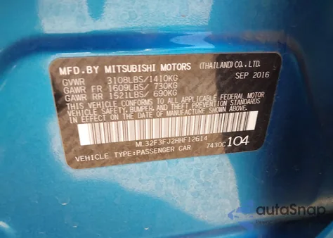 2017 Mitsubishi Mirage G4 Es from USA, damaged, VIN ML32F3FJ2HHF12614